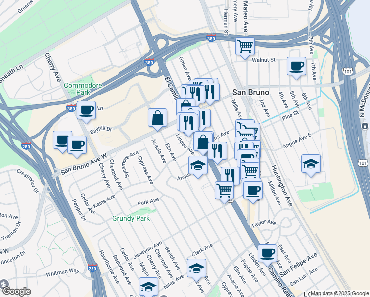 map of restaurants, bars, coffee shops, grocery stores, and more near 701 Linden Avenue in San Bruno