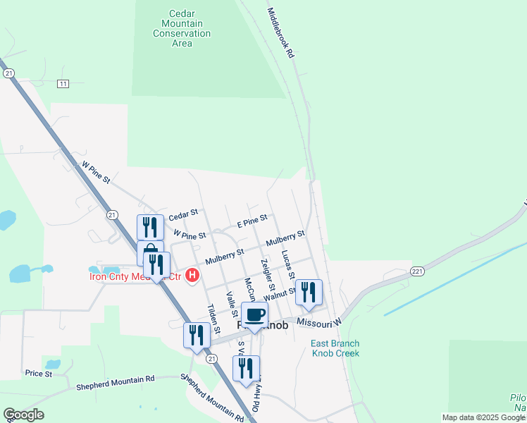 map of restaurants, bars, coffee shops, grocery stores, and more near 216 Zeigler Street in Pilot Knob