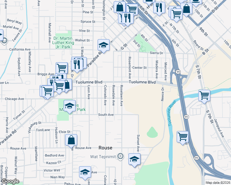 map of restaurants, bars, coffee shops, grocery stores, and more near 329 Rosedale Avenue in Modesto
