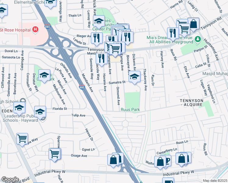 map of restaurants, bars, coffee shops, grocery stores, and more near 27947 Pompano Avenue in Hayward