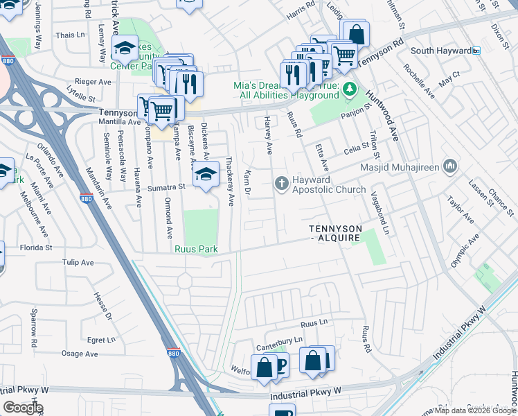 map of restaurants, bars, coffee shops, grocery stores, and more near 1106 Hat Creek Way in Hayward