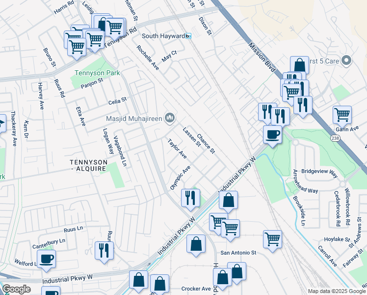 map of restaurants, bars, coffee shops, grocery stores, and more near 29356 Taylor Avenue in Hayward