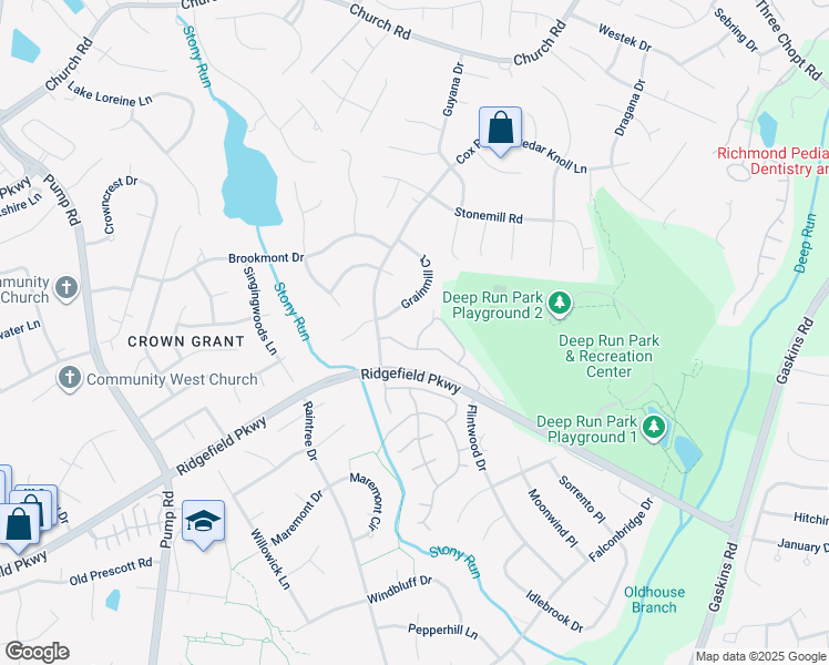 map of restaurants, bars, coffee shops, grocery stores, and more near 2104 Turtle Run Drive in Henrico