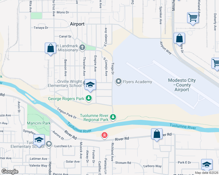 map of restaurants, bars, coffee shops, grocery stores, and more near 913 Tioga Drive in Modesto