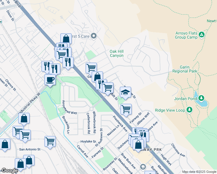 map of restaurants, bars, coffee shops, grocery stores, and more near 30129 Vanderbilt Street in Hayward