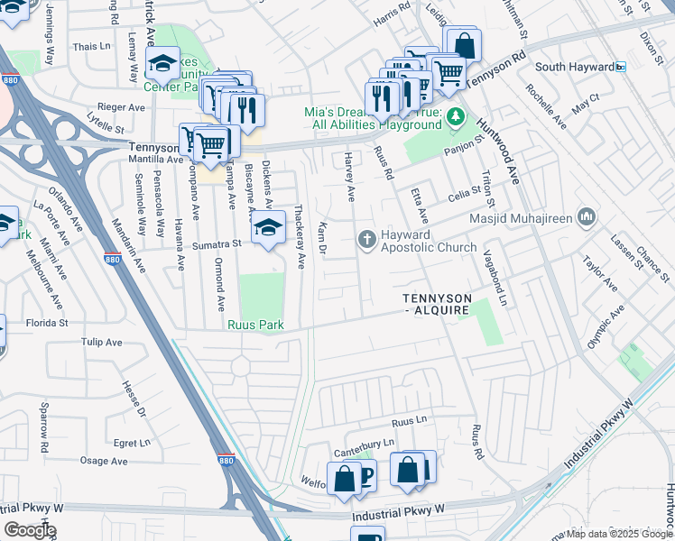 map of restaurants, bars, coffee shops, grocery stores, and more near 1106 Hat Creek Way in Hayward
