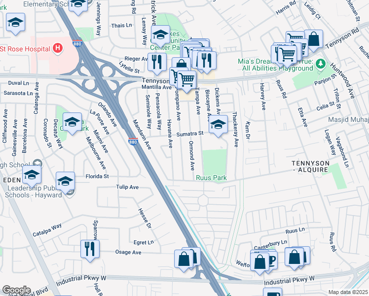 map of restaurants, bars, coffee shops, grocery stores, and more near 27947 Pompano Avenue in Hayward