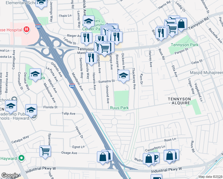 map of restaurants, bars, coffee shops, grocery stores, and more near 28023 Tampa Avenue in Hayward