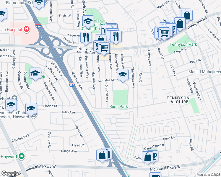 map of restaurants, bars, coffee shops, grocery stores, and more near 28023 Tampa Avenue in Hayward