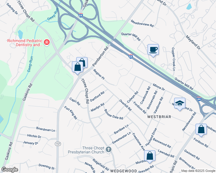 map of restaurants, bars, coffee shops, grocery stores, and more near 9708 Overhill Road in Richmond