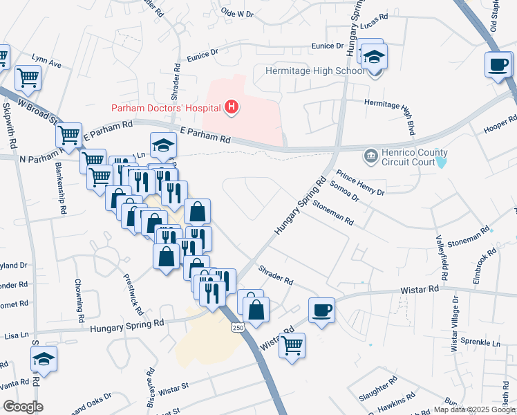 map of restaurants, bars, coffee shops, grocery stores, and more near 3004 Trail Drive in Richmond