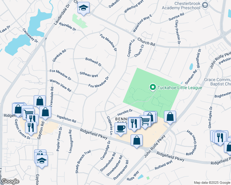 map of restaurants, bars, coffee shops, grocery stores, and more near 2628 Tracewood Circle in Richmond