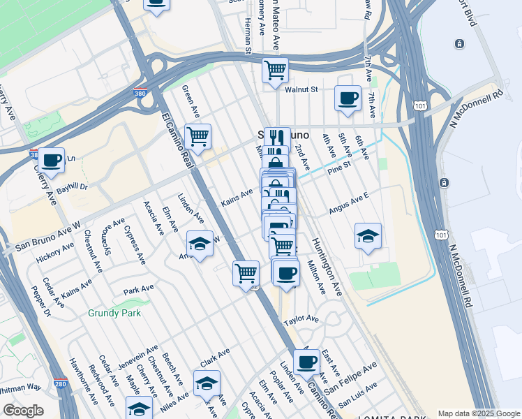 map of restaurants, bars, coffee shops, grocery stores, and more near 636 Easton Avenue in San Bruno