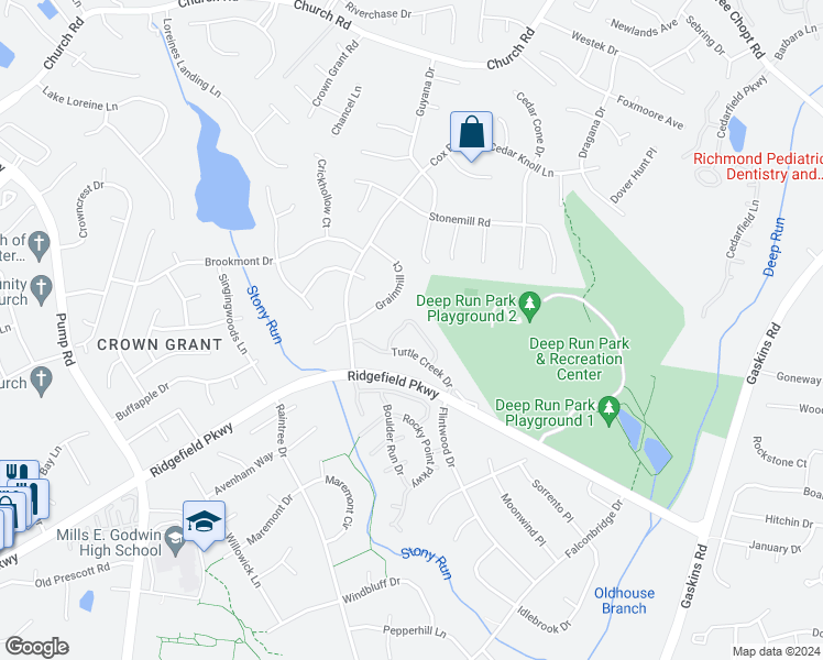 map of restaurants, bars, coffee shops, grocery stores, and more near 2121 Turtle Run Drive in Richmond