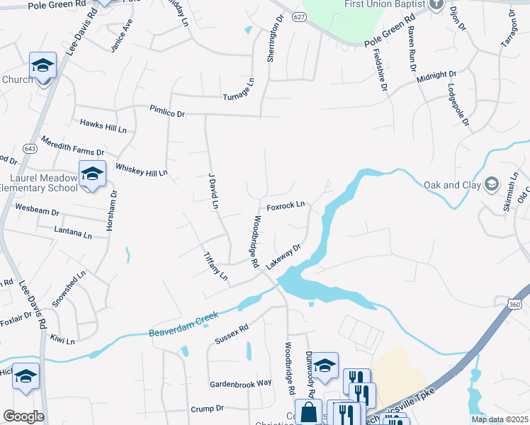 map of restaurants, bars, coffee shops, grocery stores, and more near 6363 Foxrock Lane in Mechanicsville