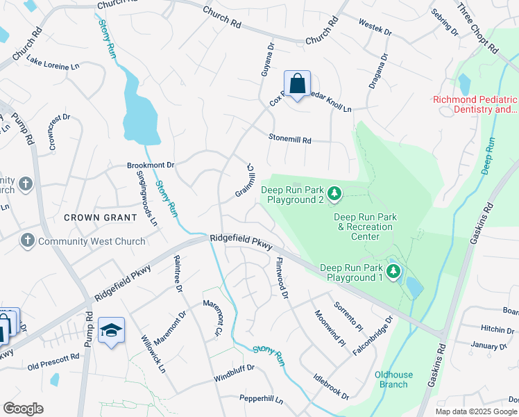 map of restaurants, bars, coffee shops, grocery stores, and more near 2121 Turtle Run Drive in Richmond