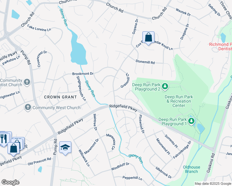 map of restaurants, bars, coffee shops, grocery stores, and more near 2201 Grainmill Court in Richmond