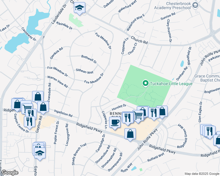 map of restaurants, bars, coffee shops, grocery stores, and more near 2628 Tracewood Circle in Richmond
