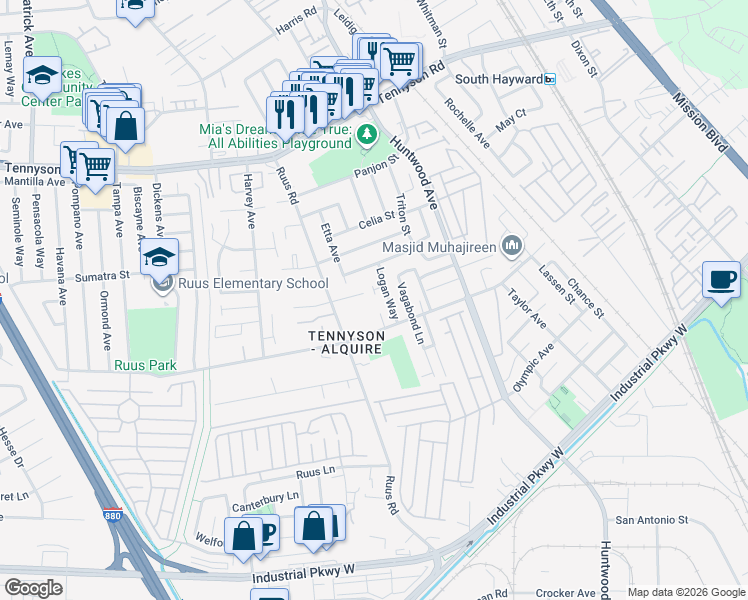 map of restaurants, bars, coffee shops, grocery stores, and more near 684 Carmar Street in Hayward