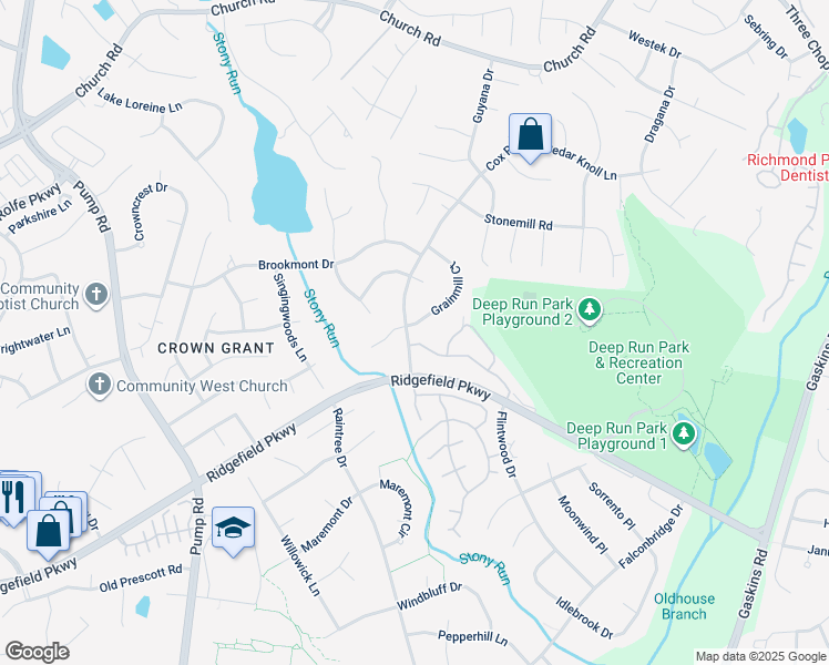 map of restaurants, bars, coffee shops, grocery stores, and more near 2201 Grainmill Court in Richmond