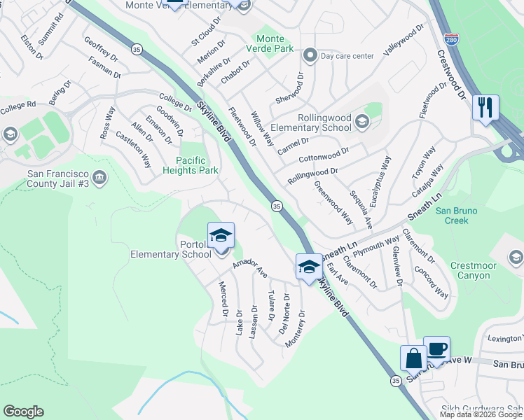 map of restaurants, bars, coffee shops, grocery stores, and more near 120 Mendocino Court in San Bruno