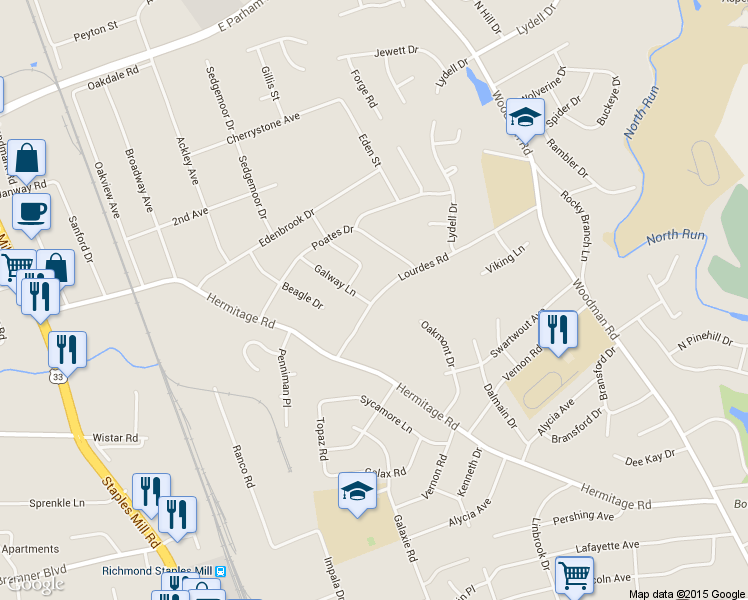 map of restaurants, bars, coffee shops, grocery stores, and more near 2412 Lourdes Road in Henrico