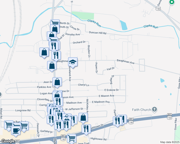 map of restaurants, bars, coffee shops, grocery stores, and more near 117 Aspen Drive in Danville