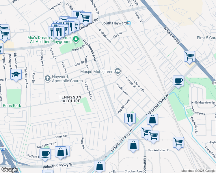 map of restaurants, bars, coffee shops, grocery stores, and more near 29079 Huntwood Avenue in Hayward