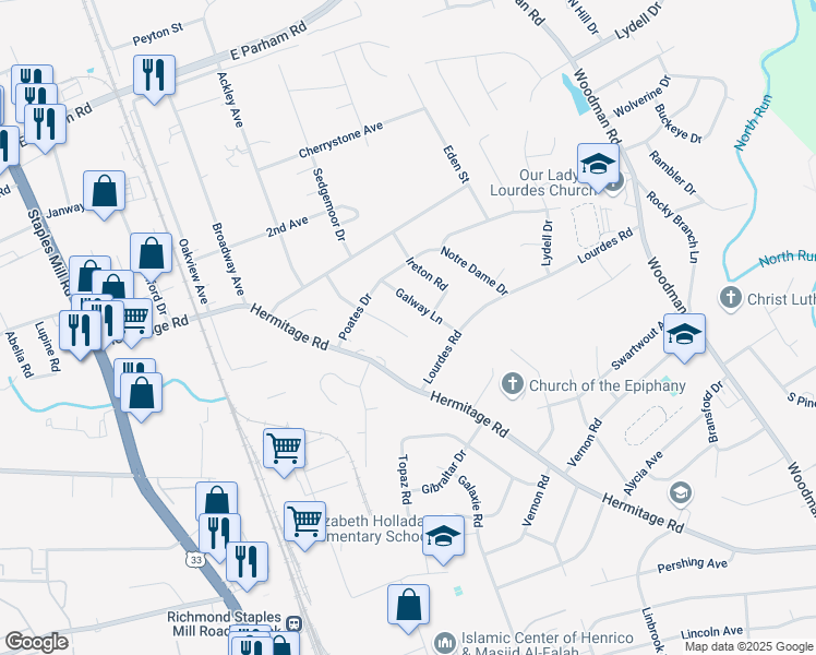 map of restaurants, bars, coffee shops, grocery stores, and more near 8204 Beagle Drive in Richmond