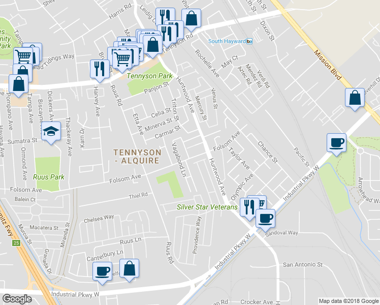 map of restaurants, bars, coffee shops, grocery stores, and more near 29082 Colony Court in Hayward