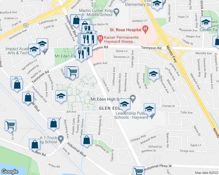 map of restaurants, bars, coffee shops, grocery stores, and more near 27679 Cliffwood Avenue in Hayward
