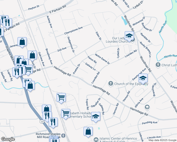 map of restaurants, bars, coffee shops, grocery stores, and more near 8204 Beagle Drive in Richmond