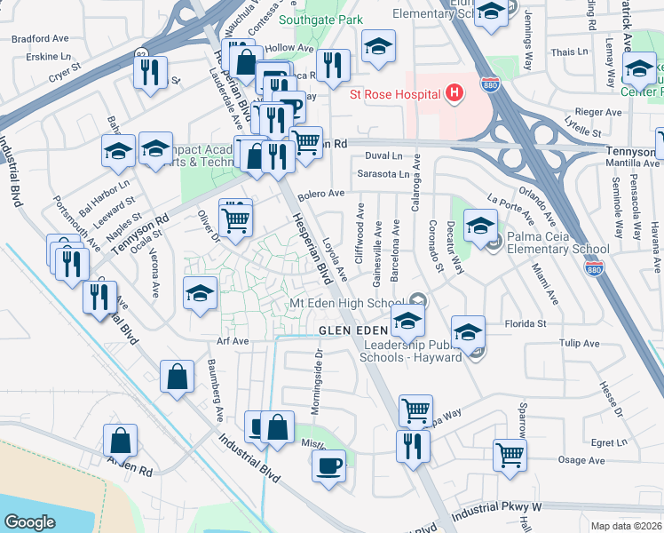 map of restaurants, bars, coffee shops, grocery stores, and more near 27669 Loyola Avenue in Hayward