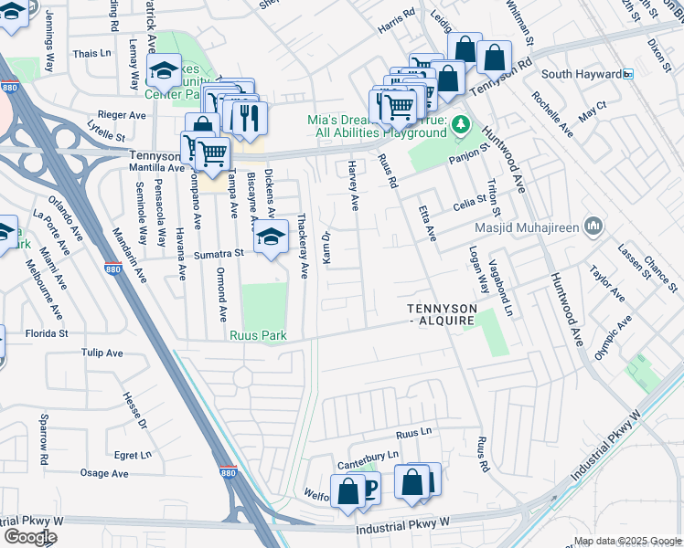 map of restaurants, bars, coffee shops, grocery stores, and more near 1132 Fabian Way in Hayward