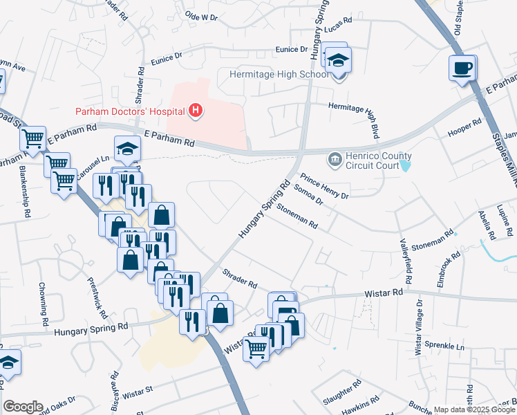 map of restaurants, bars, coffee shops, grocery stores, and more near 3024 Hungary Spring Road in Richmond