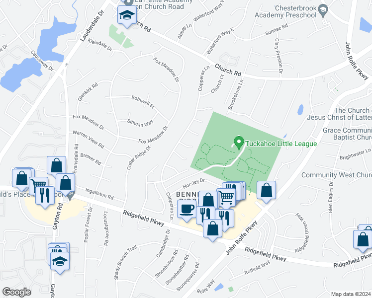 map of restaurants, bars, coffee shops, grocery stores, and more near 2717 Glen Point Circle in Richmond