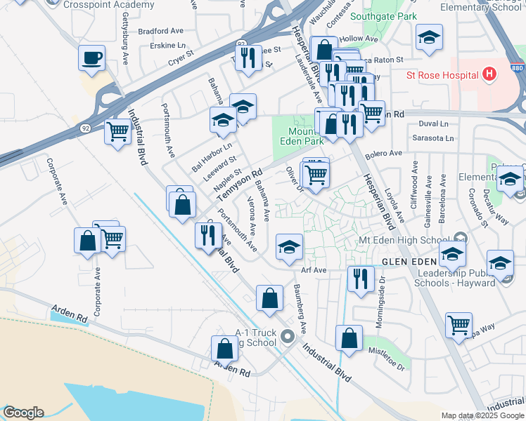 map of restaurants, bars, coffee shops, grocery stores, and more near 27495 Bahama Avenue in Hayward