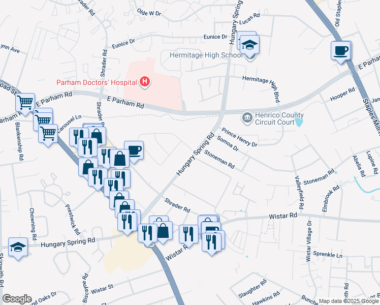 map of restaurants, bars, coffee shops, grocery stores, and more near 3024 Hungary Spring Road in Richmond