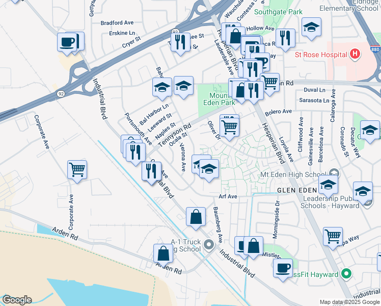 map of restaurants, bars, coffee shops, grocery stores, and more near 27495 Bahama Avenue in Hayward