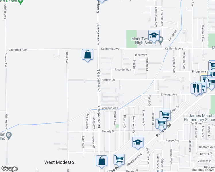 map of restaurants, bars, coffee shops, grocery stores, and more near 1113 Memory Lane in Modesto
