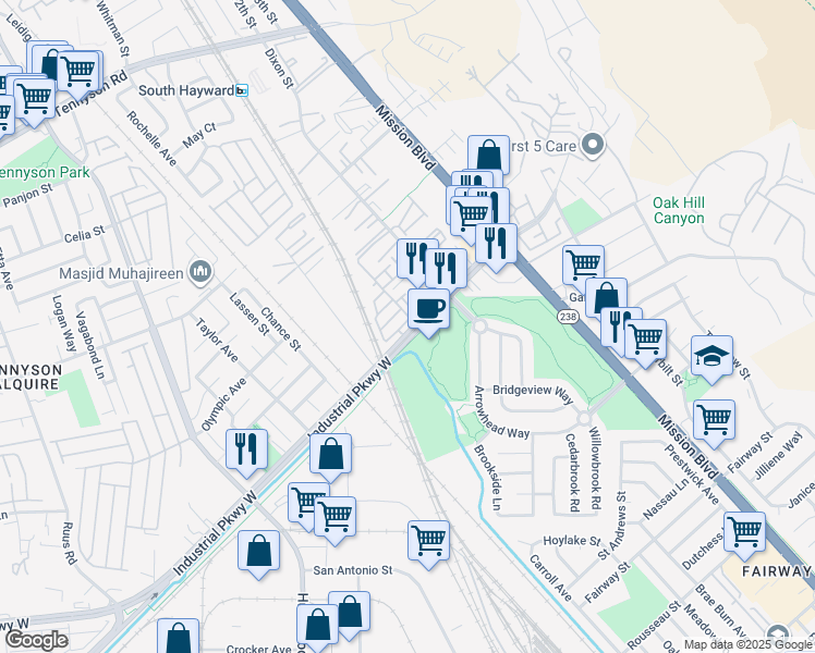 map of restaurants, bars, coffee shops, grocery stores, and more near 29626 Sohay Loop in Hayward