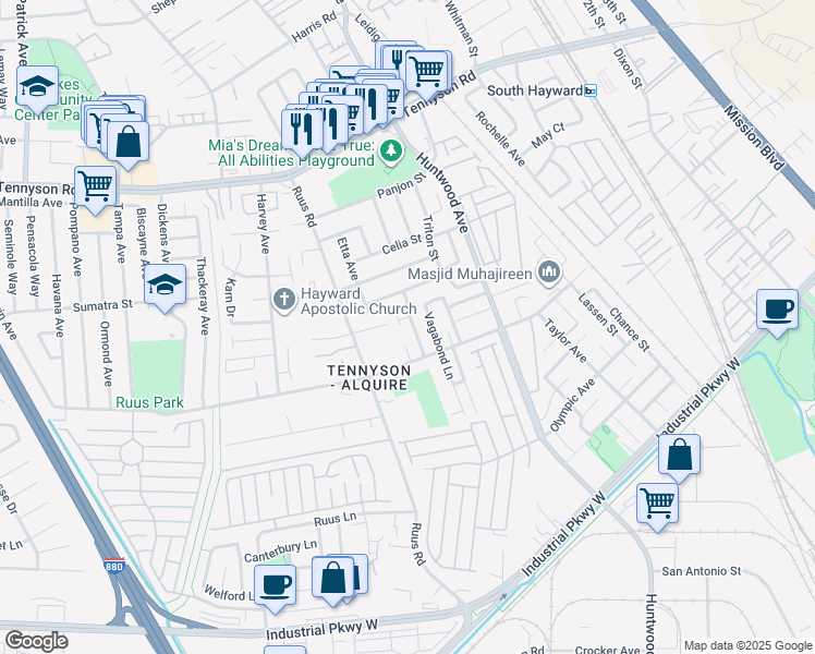 map of restaurants, bars, coffee shops, grocery stores, and more near 28820 Logan Way in Hayward