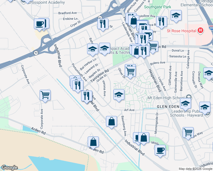 map of restaurants, bars, coffee shops, grocery stores, and more near 27471 Bahama Avenue in Hayward