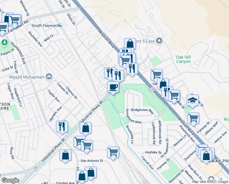 map of restaurants, bars, coffee shops, grocery stores, and more near in Hayward