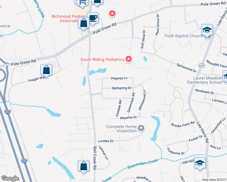 map of restaurants, bars, coffee shops, grocery stores, and more near 7251 Bellspring Drive in Mechanicsville