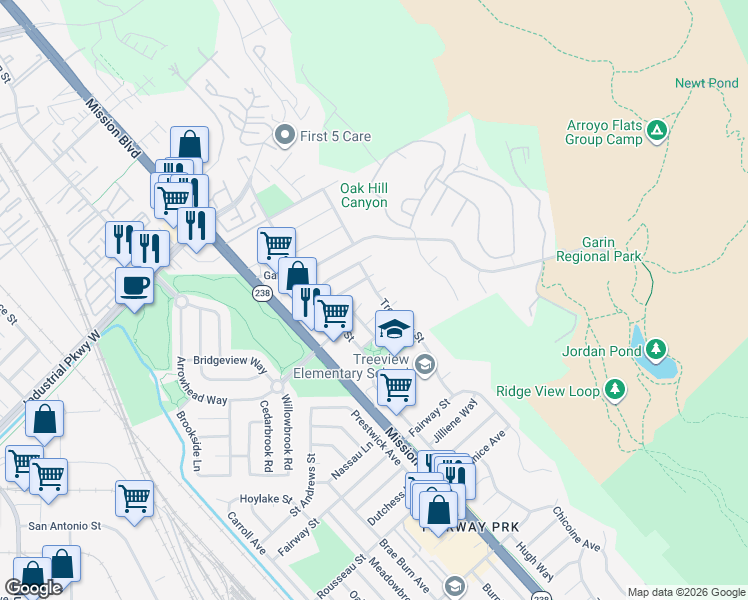 map of restaurants, bars, coffee shops, grocery stores, and more near in Hayward