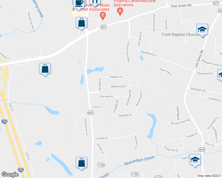 map of restaurants, bars, coffee shops, grocery stores, and more near 7251 Bellspring Drive in Mechanicsville