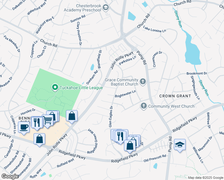 map of restaurants, bars, coffee shops, grocery stores, and more near 12504 Doverton Road in Richmond