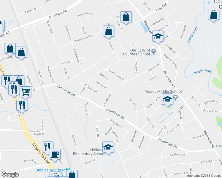 map of restaurants, bars, coffee shops, grocery stores, and more near 2412 Lourdes Road in Henrico