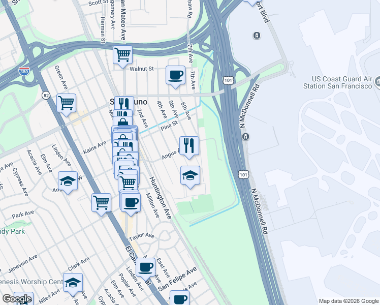 map of restaurants, bars, coffee shops, grocery stores, and more near 577 5th Avenue in San Bruno
